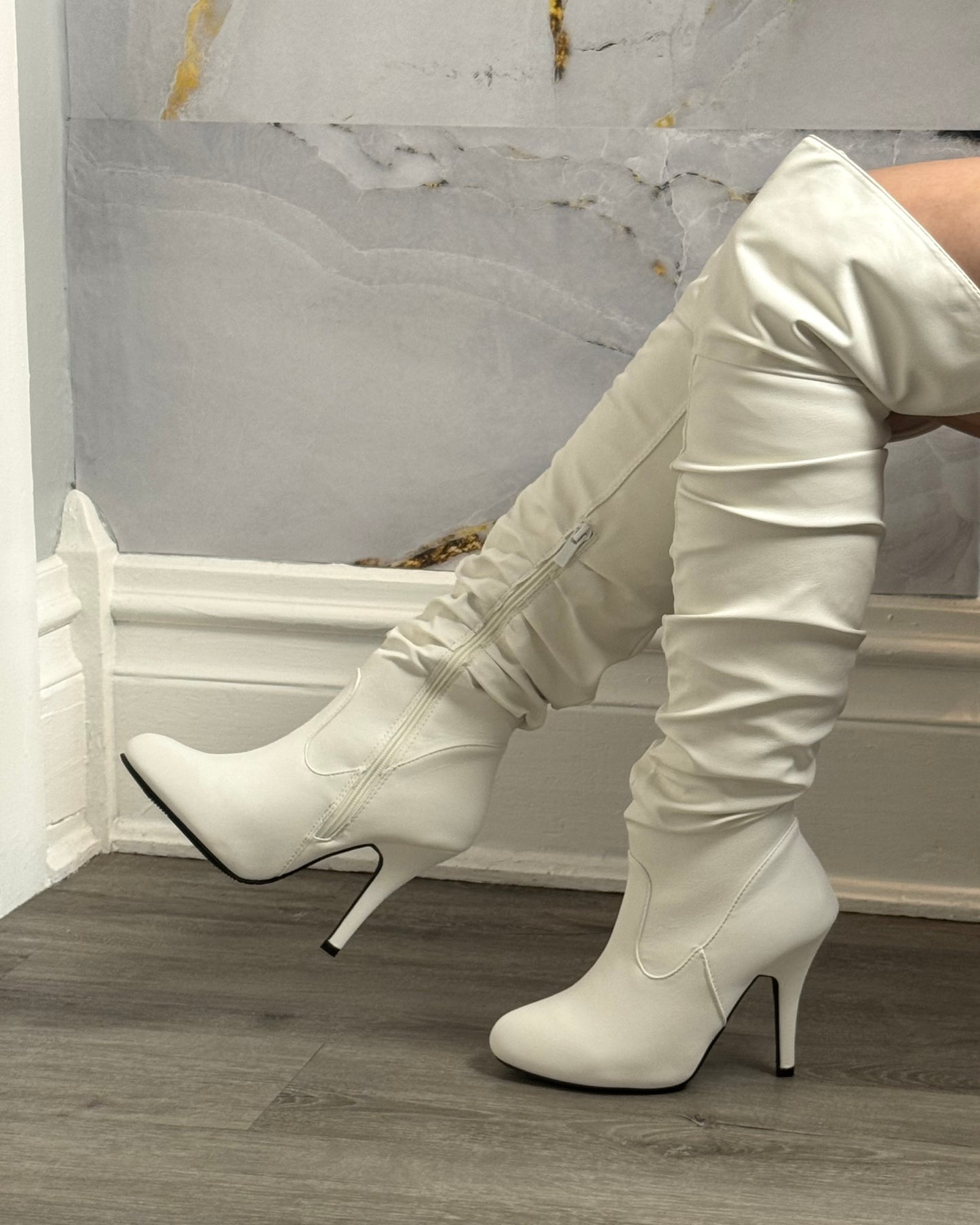 White leather high boots