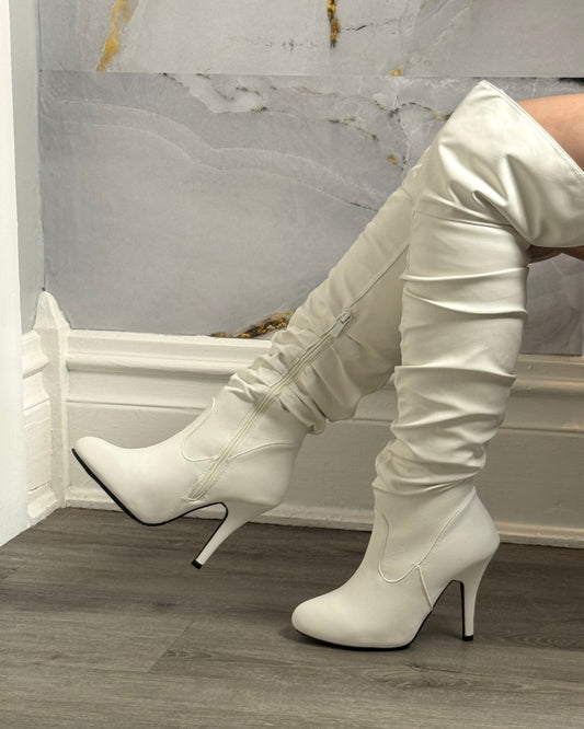 White leather high boots